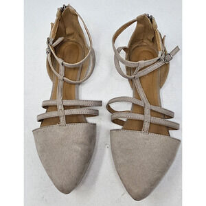 Maurices Lorelie Size 8 Taupe Pointed Toe Zip Strappy Ankle Flat Dress Shoes